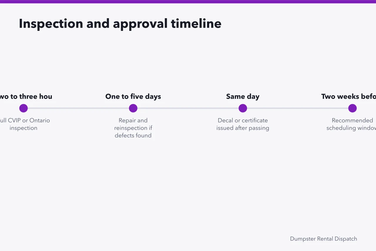 Timeline of dumpster truck inspection, repair, and decal issuance (Dumpster Truck Inspection Requirements: CVIP in Alberta vs Ontario)