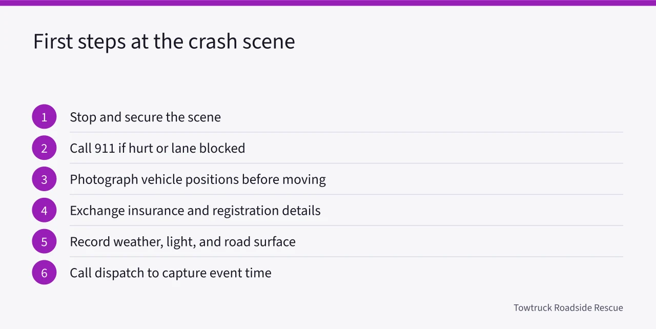 Numbered steps for securing a crash scene and documenting evidence (Tow truck insurance claims: what to document after an accident)