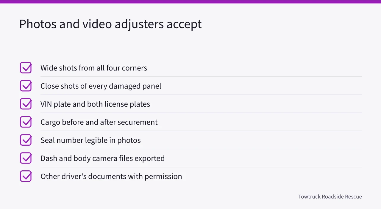 Checklist of required photos and video for tow truck insurance claims (Tow truck insurance claims: what to document after an accident)